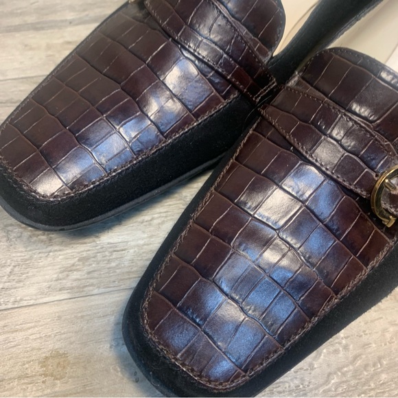 Ferragamo Boutique Italy Suede Croc Horse Bit Buckle Square Toe Loafers - Picture 4 of 13